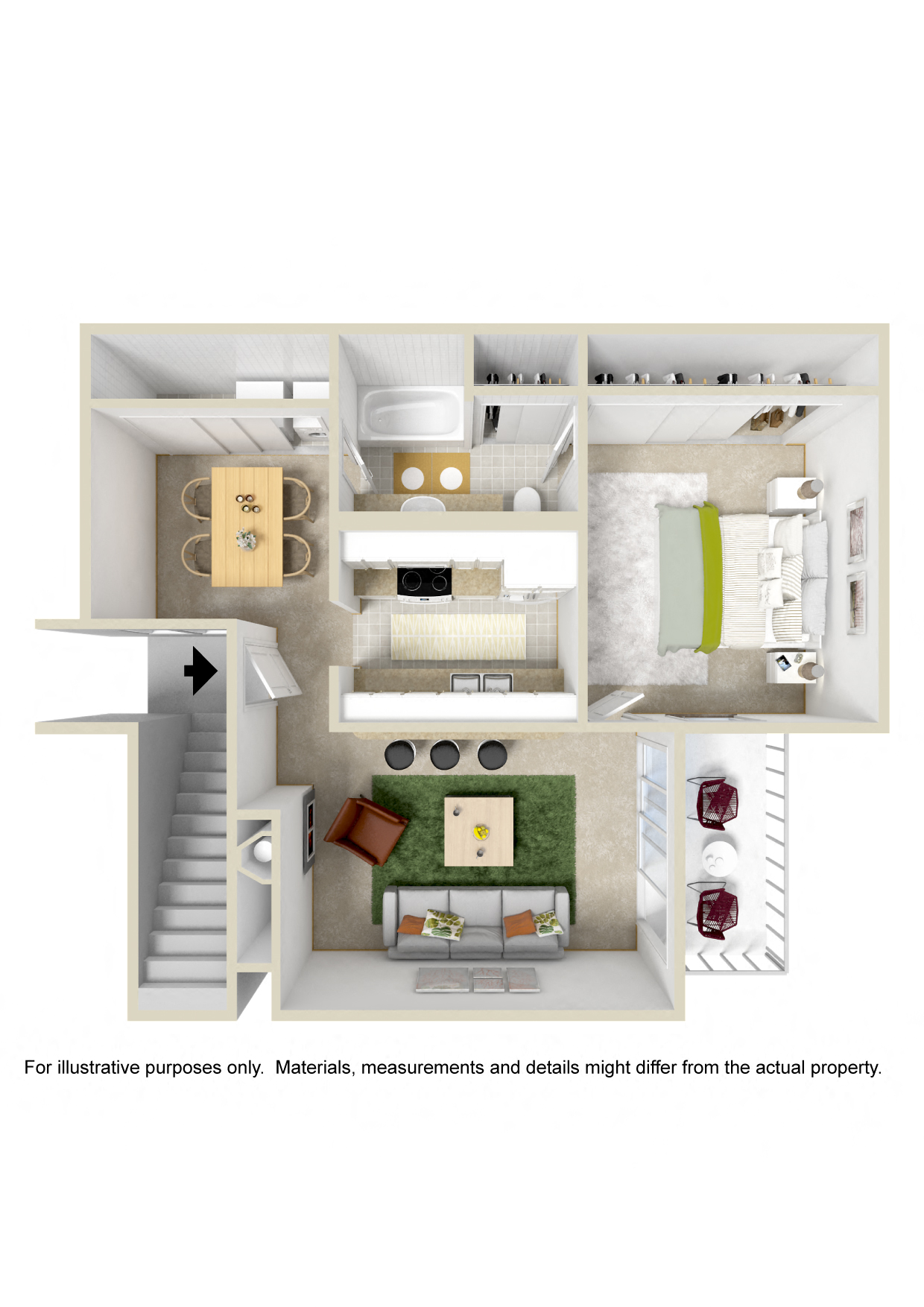 Floor plan for 1 bed, 1 bath, 690 sqft